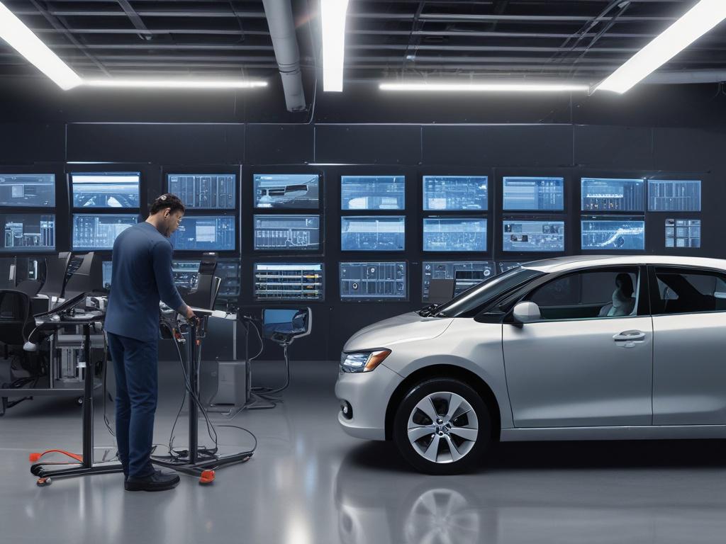 A technician working on an ADAS calibration setup in a vehicle. The technician is using specialized equipment to ensure the calibration is accurate. The environment is cool-toned, featuring shades of rich blues and soft grays, showcasing a professional and high-tech atmosphere. The focus should be on the technician's concentration and the advanced technology being used.