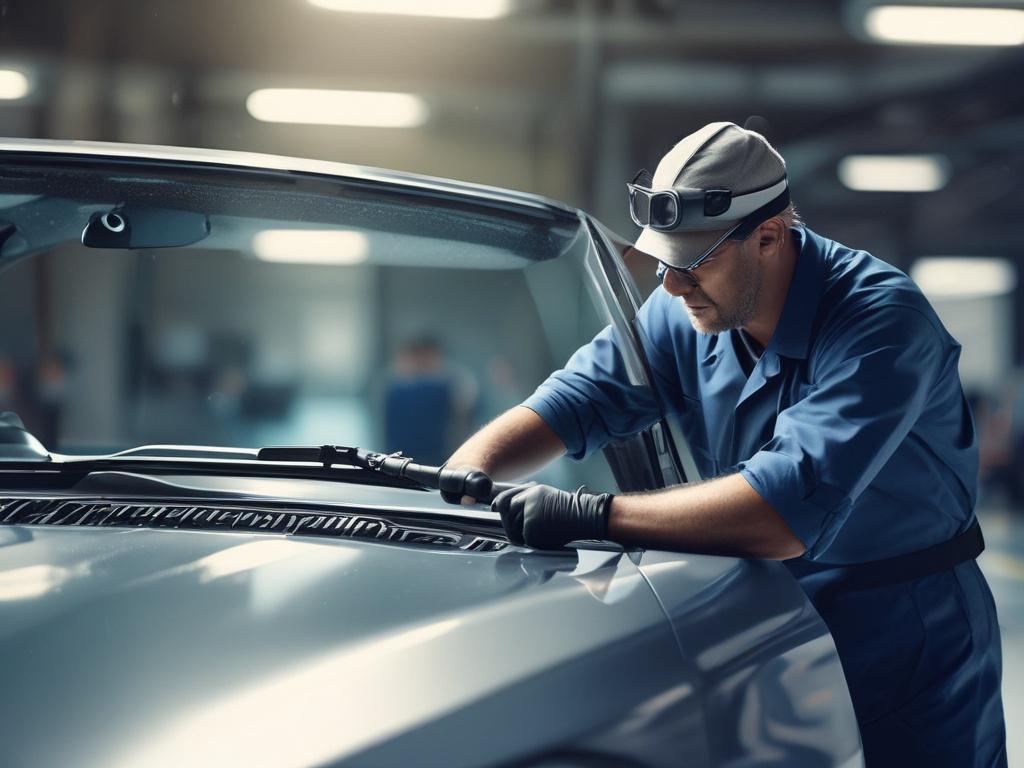 A realistic, high-resolution image of a professional technician replacing a windshield on a car. The technician is focused and wearing safety gear, working in a well-lit outdoor setting. The background features a clean, modern environment with shades of rich blues and soft grays, emphasizing the professionalism and expertise of the service.