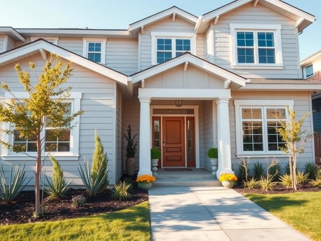 A realistic high-resolution close-up shot of a beautifully renovated home exterior, showcasing modern architecture and landscaping. The image should reflect a warm and inviting atmosphere, with sunlight highlighting the fresh paint and new features. The composition should focus on the entrance and front yard, captured with a 45mm f/1.2 lens style.