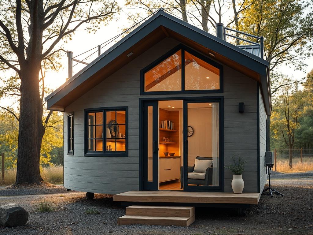A realistic high-resolution close-up shot of a beautifully designed tiny home, showcasing its modern architecture and cozy interior. The background features a serene natural setting with trees and soft sunlight peeking through, emphasizing the minimalist lifestyle. The image should be shot with a 45mm f/1.2 lens style, focusing on the home's exterior and inviting entrance.