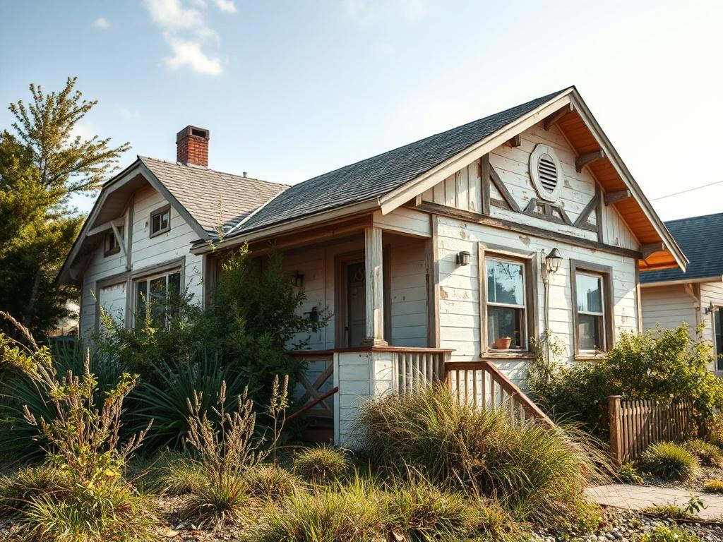 A realistic high-resolution close-up shot of a distressed residential property, showcasing its potential for renovation. The image highlights the property's exterior, including peeling paint and overgrown landscaping, with a clear sky in the background. The photograph captures the essence of a fix-and-flip project, shot with a 45mm f/1.2 lens style.
