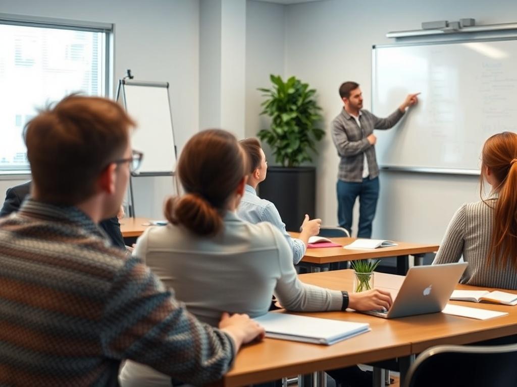 A detailed close-up of a classroom setting with students engaged in a real estate course, featuring a knowledgeable instructor presenting on a whiteboard. The image, shot with a 45mm f/1.2 lens, captures the focus and enthusiasm of learners in a modern educational environment.