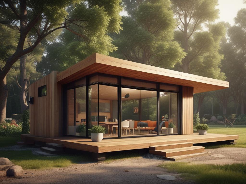A beautifully designed tiny home set in a natural landscape, showcasing its modern architecture and eco-friendly features. Focus on the home with a blurred background of trees and greenery, captured in high resolution with a 45mm f/1.2 lens.