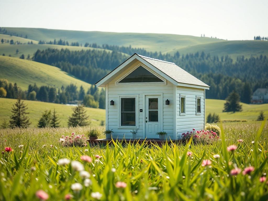 Create a highly realistic and detailed high-resolution photo showcasing the concept of a tiny home as the future of living. The composition should be simple and clear, featuring a single, charming tiny home set in a lush green landscape. The tiny home should embody modern design elements with large windows and a welcoming porch, surrounded by blooming flowers and verdant grass. 

In the background, include a serene view of rolling hills or a peaceful forest, which emphasizes the connection between the tiny 