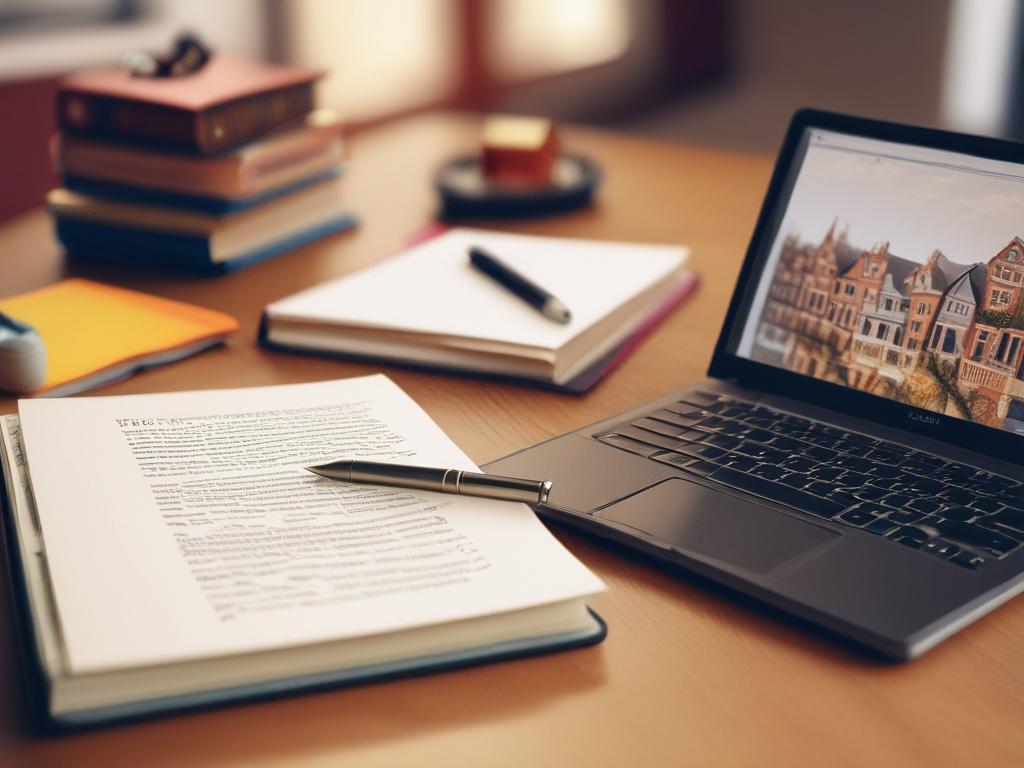 A close-up shot of an open textbook on real estate investment strategies, surrounded by a laptop and a notepad, with a soft, warm background to create a welcoming learning atmosphere. The image should be hyper-realistic, with intricate details on the pages of the book and the laptop, using a 45mm f/1.2 lens style.