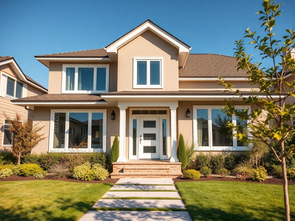 A hyper-realistic close-up shot of a beautifully designed single-family home, showcasing modern architectural features like large windows, a welcoming front porch, and a well-maintained garden. The home should be set against a clear blue sky, with sunlight illuminating the exterior, highlighting the high-quality materials and contemporary design elements. The image should evoke a sense of warmth and comfort, inviting potential buyers to envision their future life in this perfect family home.