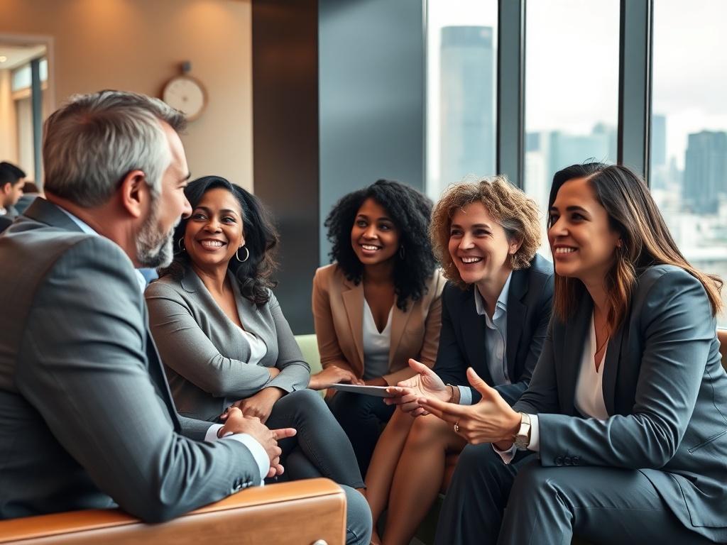 A hyper-realistic close-up shot of a diverse group of individuals engaged in a lively discussion about real estate investment strategies. The setting is a modern office with sleek furniture and a large window showcasing a city skyline. The group consists of men and women of various ethnicities, reflecting collaboration and empowerment. The image should maintain a warm and inviting atmosphere, with a focus on the engaged expressions of the participants, shot with a 45mm f/1.2 lens.