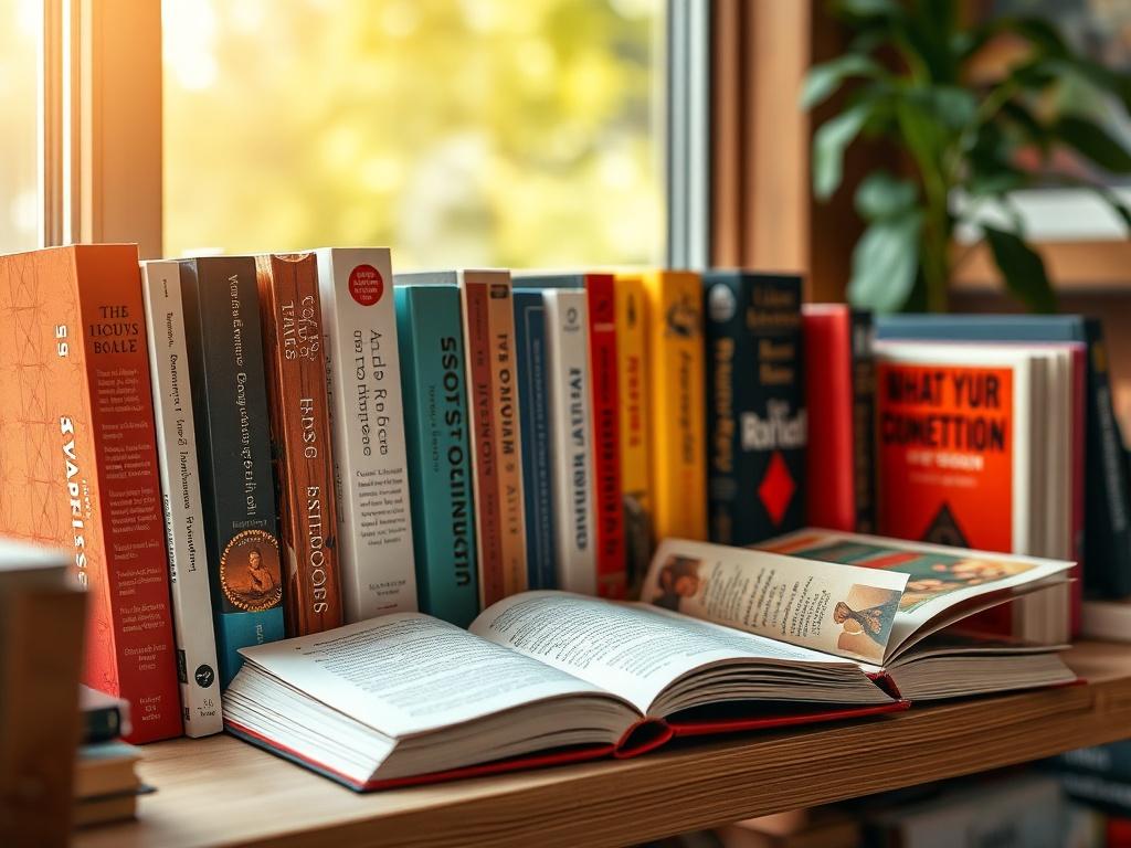 A realistic high-resolution photo of a beautifully arranged collection of inspirational books displayed on a wooden shelf. The books should have vibrant covers, some open to show pages, with a soft natural light illuminating the scene. The background should be blurred with a warm tone, focusing on the books in the foreground.