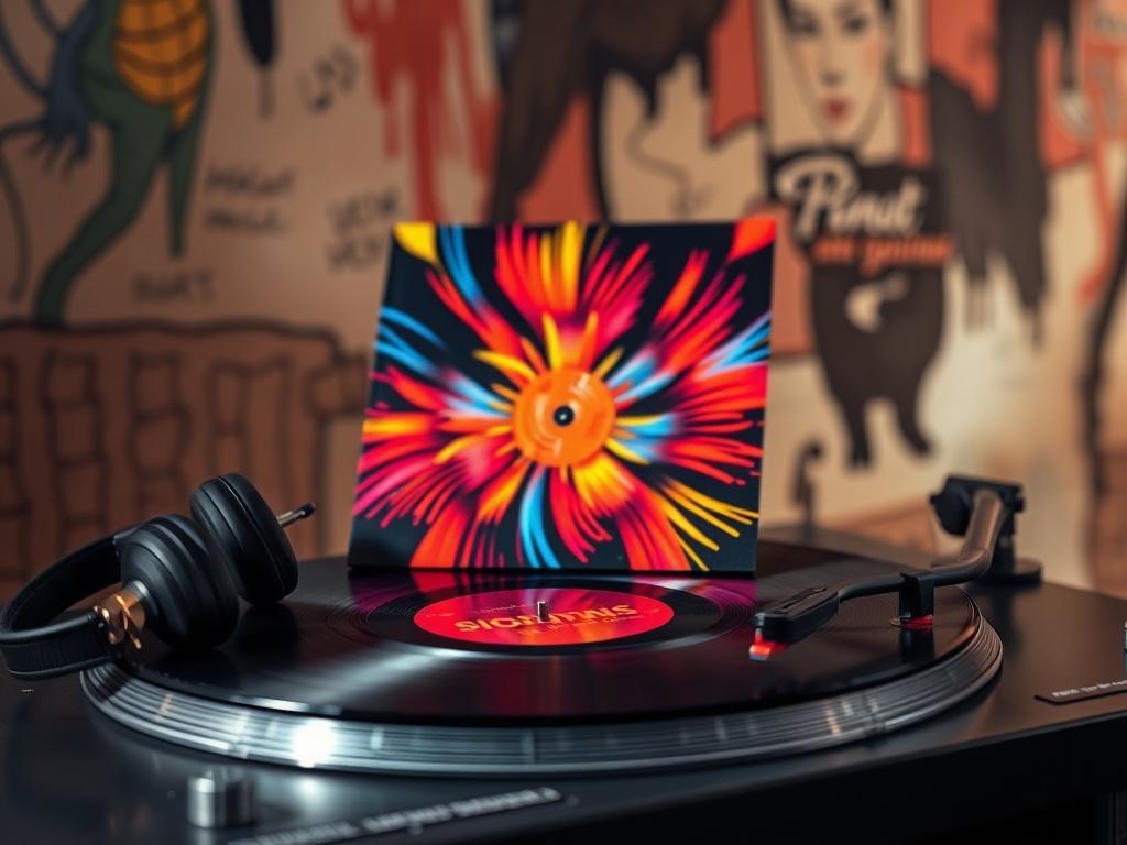 A realistic high-resolution photo of a vibrant music album cover displayed on a turntable, with headphones beside it. The background should have a subtle artistic flair, highlighting the album cover's dynamic colors and inviting viewers to listen.