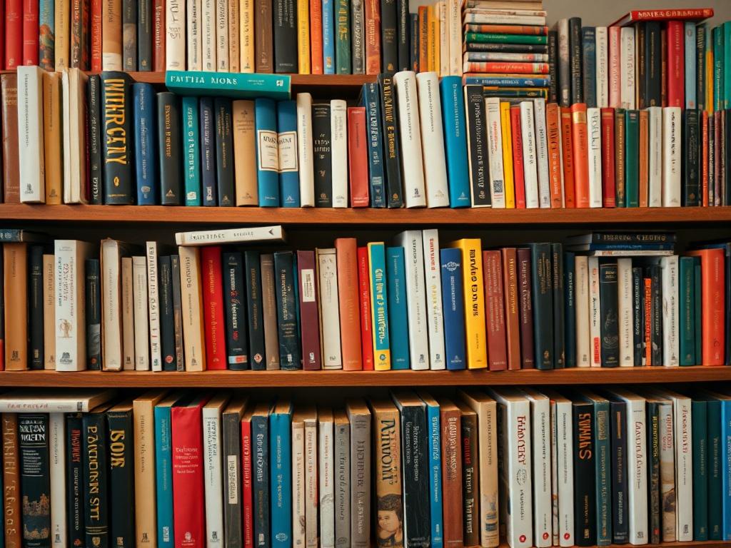 A close-up shot of a beautifully arranged bookshelf filled with diverse books, showcasing various colors and sizes. The image should have a warm and inviting atmosphere, with soft lighting enhancing the textures of the book covers. The background is softly blurred to keep the focus on the books, captured with a 45mm f/1.2 lens style.