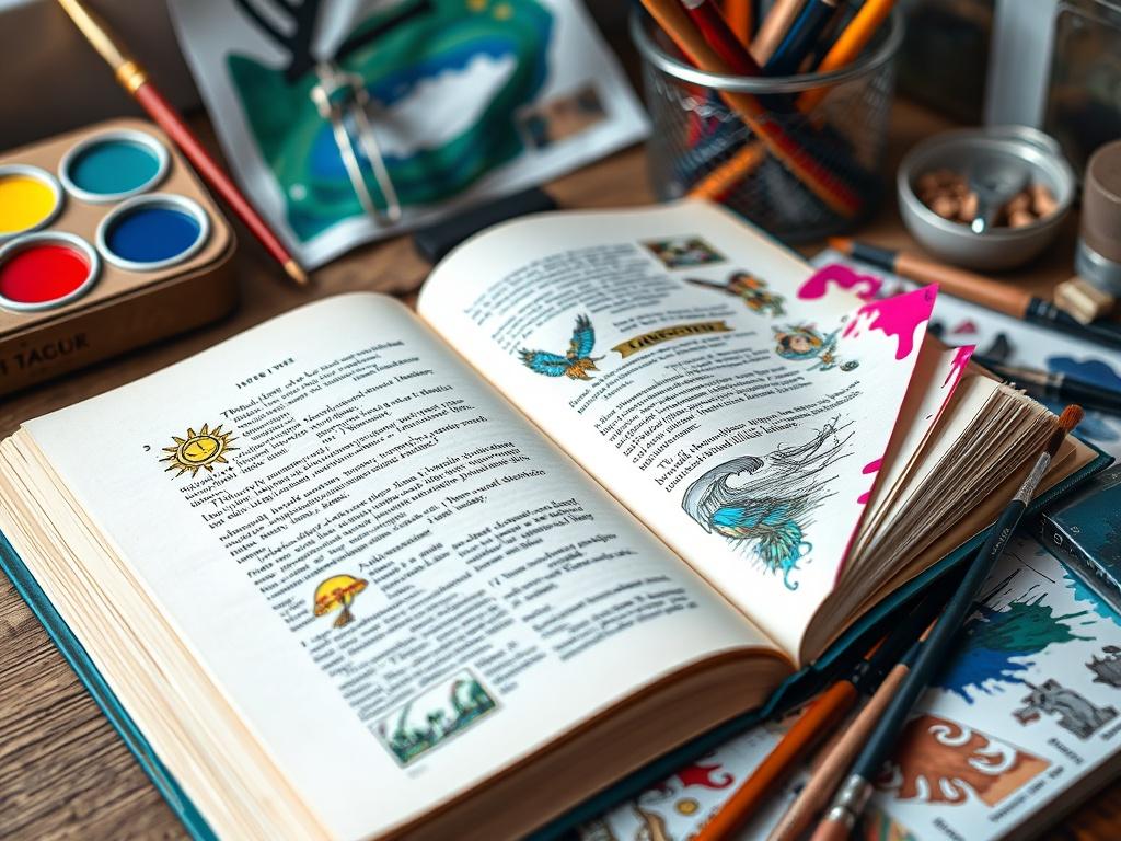 A close-up of an open book with vibrant illustrations and text, surrounded by art supplies like brushes and colors, symbolizing creativity. The image should capture the essence of inspiration, with a soft-focus background that hints at an artist's workspace, shot with a 45mm f/1.2 lens style.