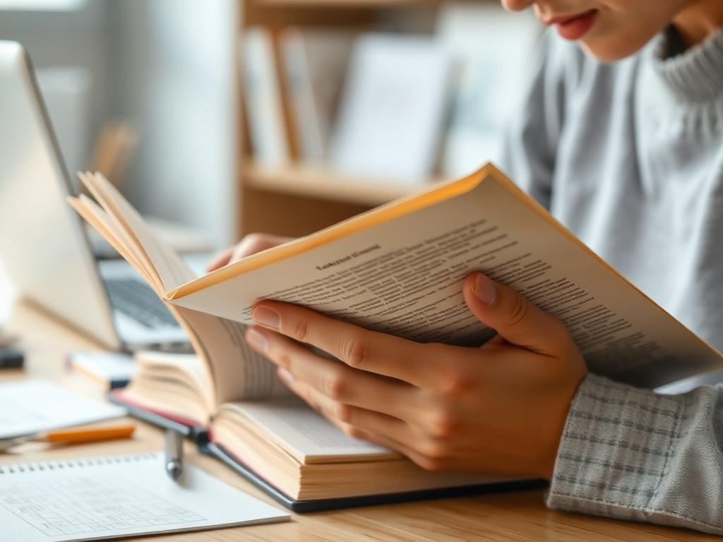 A close-up shot of a person reading an educational book, with notes and a laptop in the background, symbolizing a learning environment. The image should convey focus and engagement, with a softly blurred background to emphasize the subject, captured with a 45mm f/1.2 lens style.