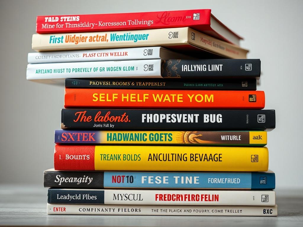 A hyper-realistic close-up shot of a stack of diverse books, featuring vibrant covers representing various genres such as self-help, fiction, and music. The scene is well-lit, showcasing the textures of the book spines and pages, with a clean, simple background that emphasizes the titles. The image is rendered with a 45mm f/1.2 lens style, creating a soft bokeh effect that highlights the books in vivid detail, compatible with the primary color rgb(205, 48, 52).