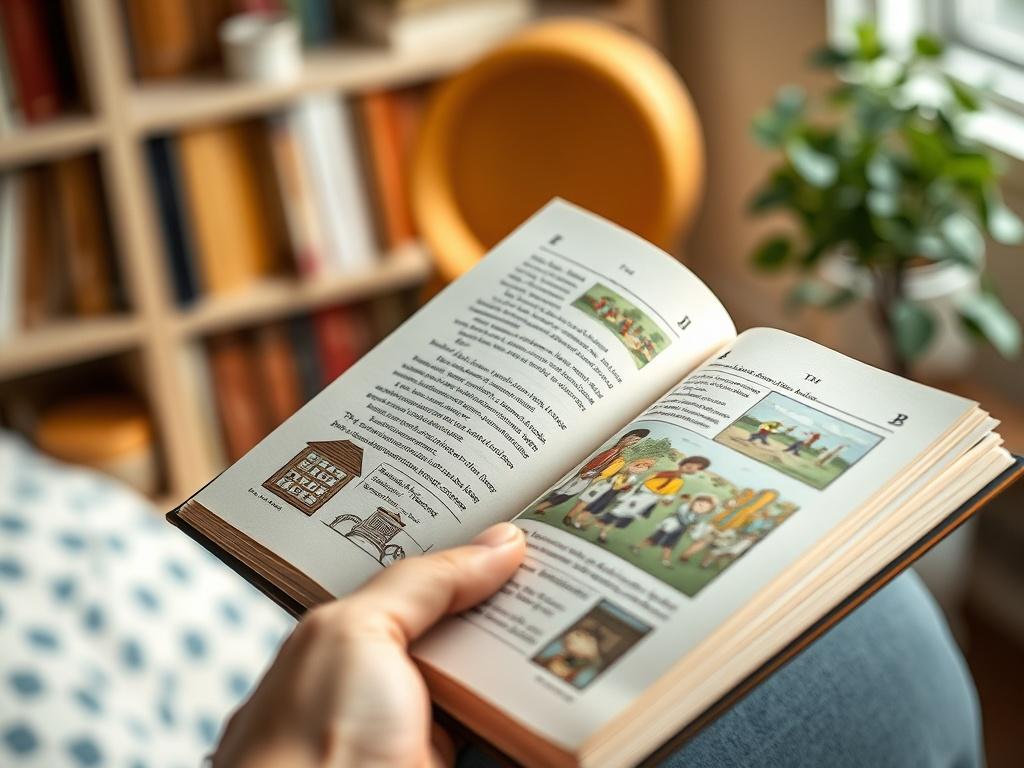 A close-up shot of a hand holding an open book with colorful illustrations, set against a blurred background of a cozy reading nook. The image should be rich in detail, showcasing the textures of the book's pages, with soft natural light illuminating the scene. The primary color rgb(205, 48, 52) should subtly accentuate the overall warmth of the setting.