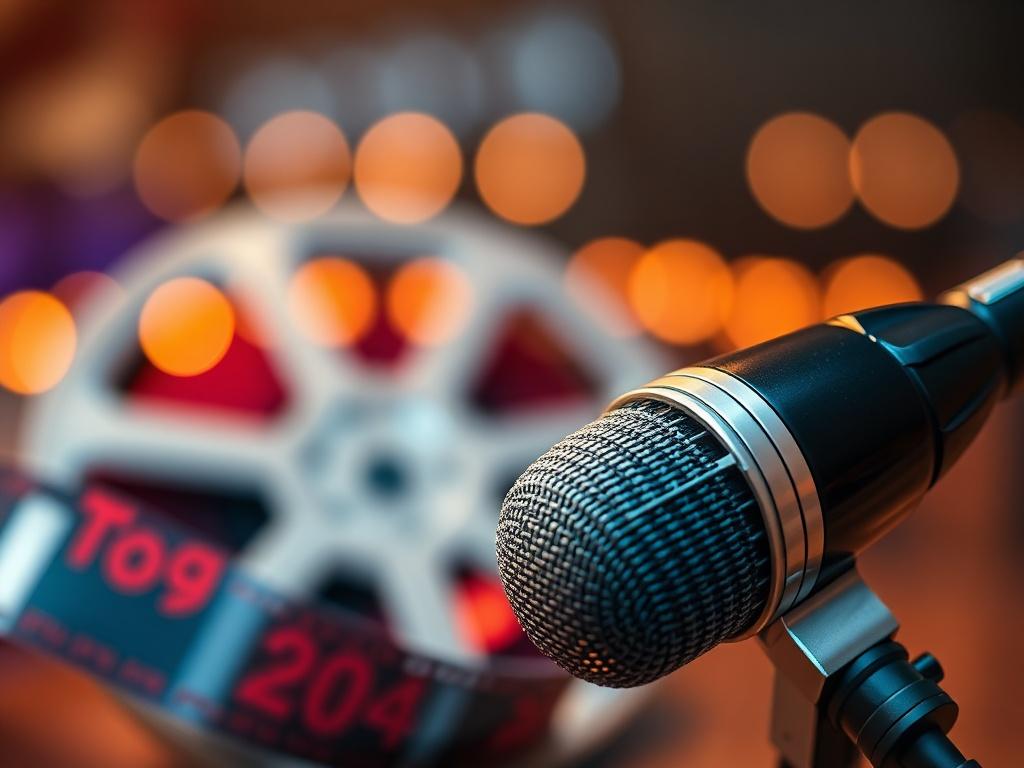 A close-up shot of a film reel and a microphone, symbolizing the world of movies and music. The background should be softly blurred, emphasizing the vibrant colors of the film and the sleek design of the microphone, conveying creativity and inspiration.