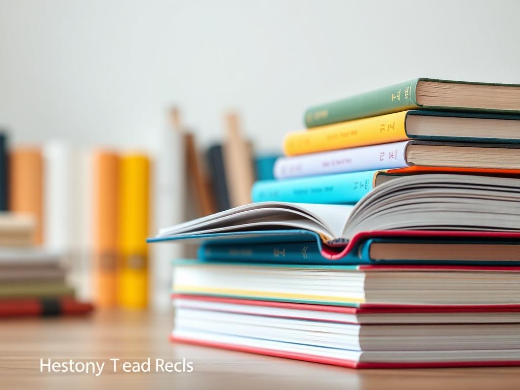 A close-up shot of a stack of colorful educational books, with one book partially open to reveal its pages. The background should be a soft-focus of a study area, conveying a sense of learning and knowledge acquisition.