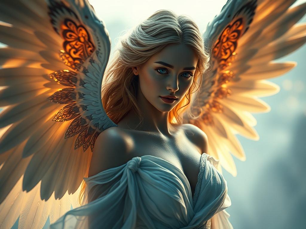 A hyper-realistic close-up of an ethereal figure symbolizing a fallen angel, with intricate celestial designs on their wings, set against a soft, glowing background that evokes a sense of mystery and divine presence. The figure should be depicted in a majestic pose, embodying both grace and strength, with a warm light illuminating their features, capturing the essence of their divine assignment.