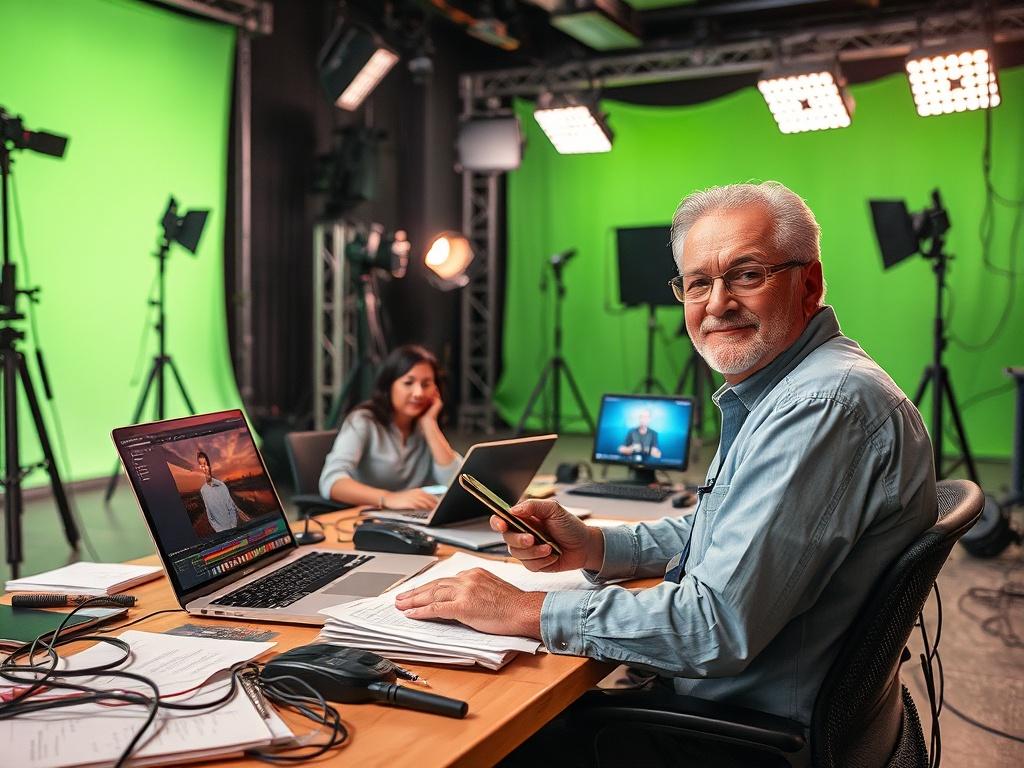 Create a realistic high-resolution photo that captures the essence of television production for the blog titled "Behind the Scenes of Television Production". The composition should feature a single subject: a television producer, a middle-aged individual with an engaging expression, seated at a cluttered desk filled with production notes, a laptop open with editing software on the screen, and a smartphone in hand. 

In the background, showcase a well-lit production studio with a large green screen, studio l