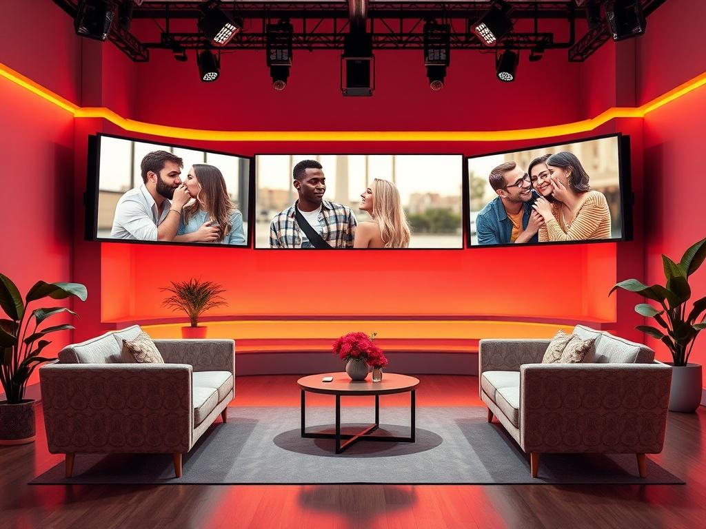 A vibrant, modern dating channel studio set showcasing an inviting interview space with stylish seating and warm lighting. The background features large screens displaying images of diverse couples enjoying real-world dating experiences. The composition focuses on a cozy, intimate setting that reflects warmth and connection, with a minimalistic design emphasizing essential elements.