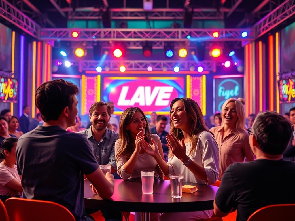 A vibrant, lively set for a live dating show, featuring a colorful stage with lights and an audience in the background. The scene shows singles participating in fun activities, with excitement and anticipation visible on their faces. The atmosphere is energetic and modern, capturing the essence of real-world dating in a dynamic setting without any text or abstract shapes.