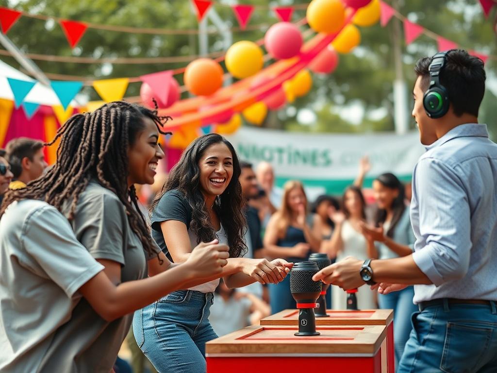 A vibrant image capturing a lively dating competition scene with contestants participating in a fun outdoor challenge. The background includes colorful decorations and cheering spectators. The focus is on the excitement and energy of the participants, showcasing diverse individuals engaged in a playful yet competitive environment.
