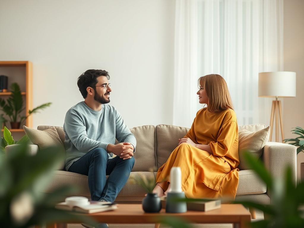 A high-resolution image featuring a warm, inviting living room setting with two people sitting on a couch engaged in a deep conversation. The background is softly blurred with cozy lighting, emphasizing the emotional connection between the interviewees. The color palette should include vibrant greens and warm tones, creating an inviting atmosphere.
