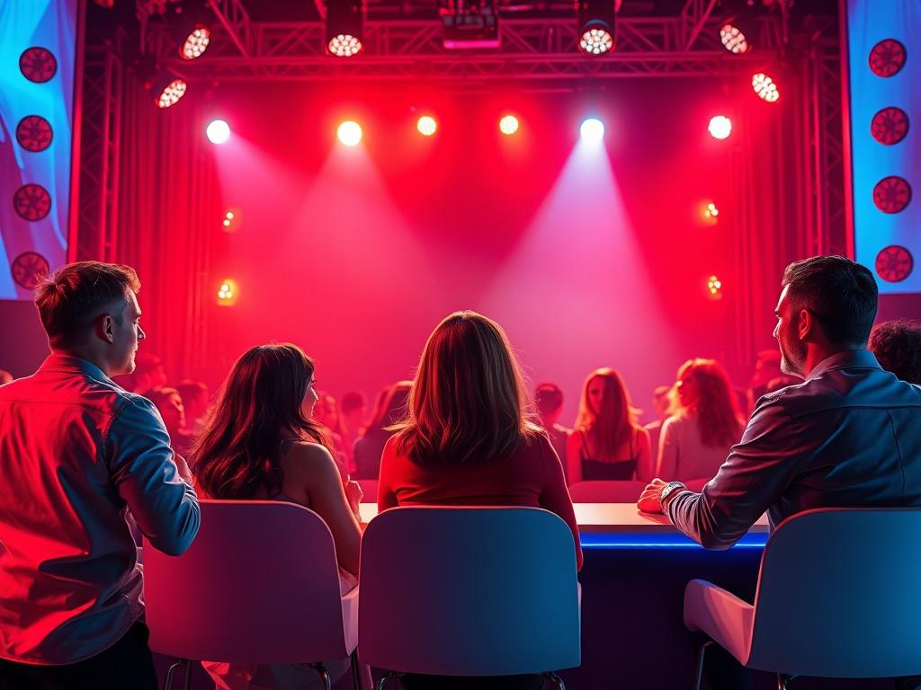 A high-resolution image showing a live dating show set with bright stage lights, an enthusiastic audience, and singles engaging in conversation. The atmosphere is electric, highlighting the excitement of live interactions. The color scheme should include bold reds and blues, creating an energetic and dynamic visual.