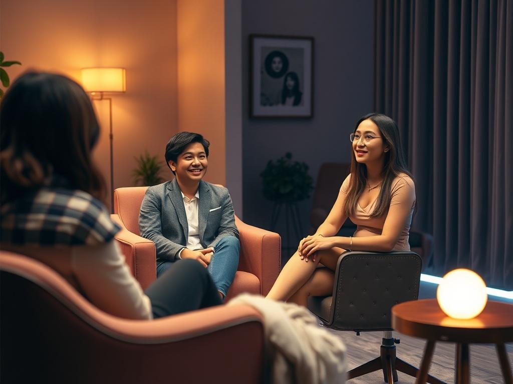 A cozy interview setup featuring a contestant from a dating show, sitting on a stylish chair, engaged in conversation with a host. The background should be warm and inviting, with soft lighting and subtle decor, creating an intimate atmosphere. The focus should be on the contestant's expressions, conveying vulnerability and excitement.
