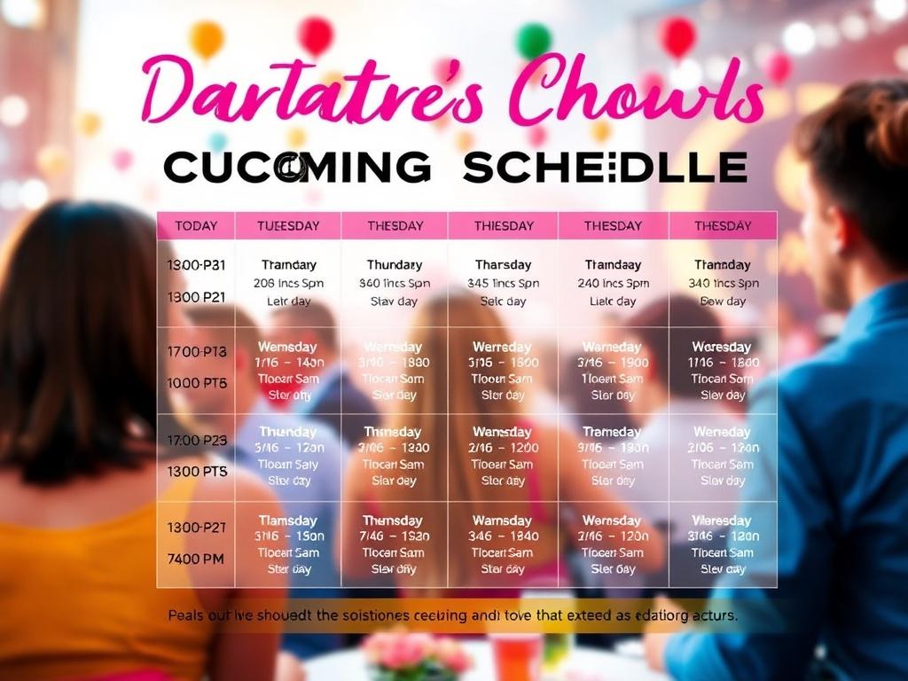 A visually engaging graphic displaying a schedule of upcoming dating shows, featuring vibrant colors and eye-catching design elements. The schedule should include dates, times, and highlights of special episodes. The background should be lively and dynamic, reflecting the excitement of live dating events.