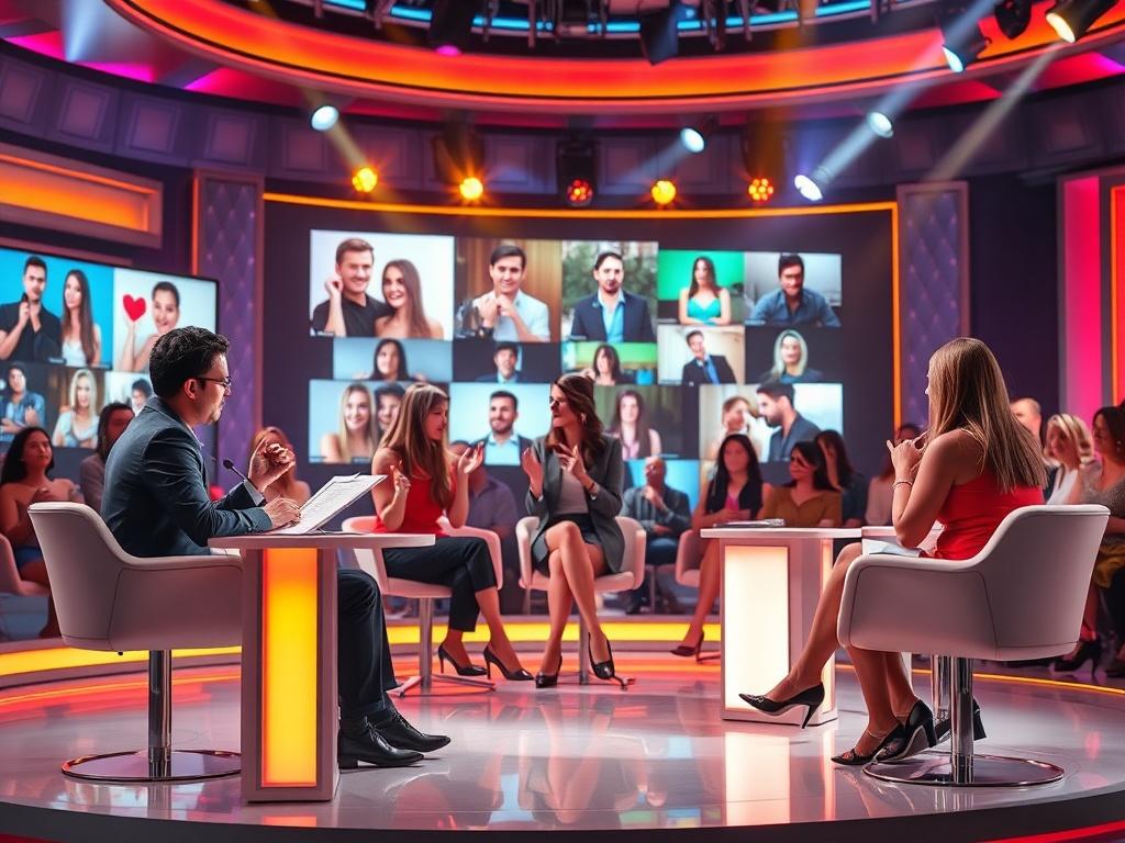 A dynamic scene from a lively dating show set, featuring a vibrant studio with energetic hosts, contestants engaged in conversation, and an enthusiastic audience. The background should have colorful lighting and a large screen displaying live viewer interactions. The atmosphere should convey excitement and spontaneity, capturing the essence of a real-world dating experience.