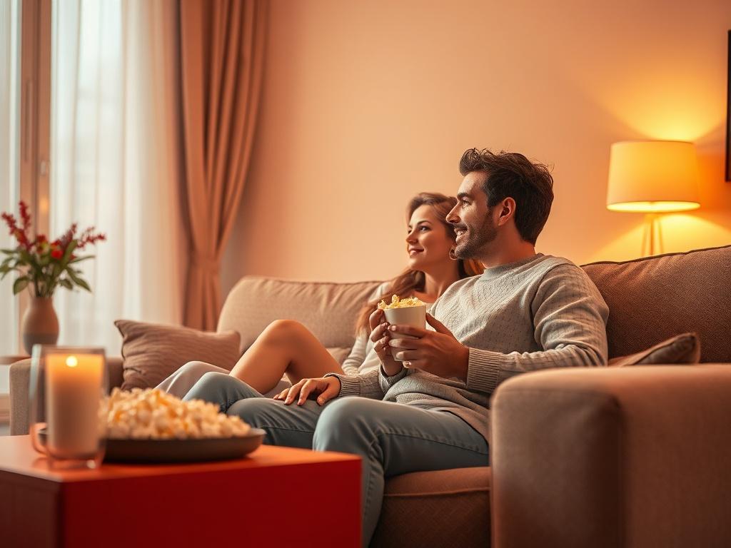 A high-resolution image of a cozy living room setting with a couple watching a romantic film on a couch, popcorn in hand, soft lighting creating an inviting atmosphere.