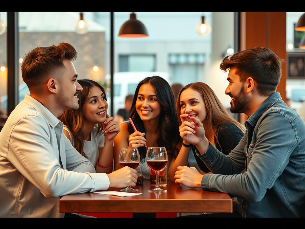 A high-resolution image of a group of young adults engaging in a lively discussion at a trendy café, illustrating the modern dating scene.
