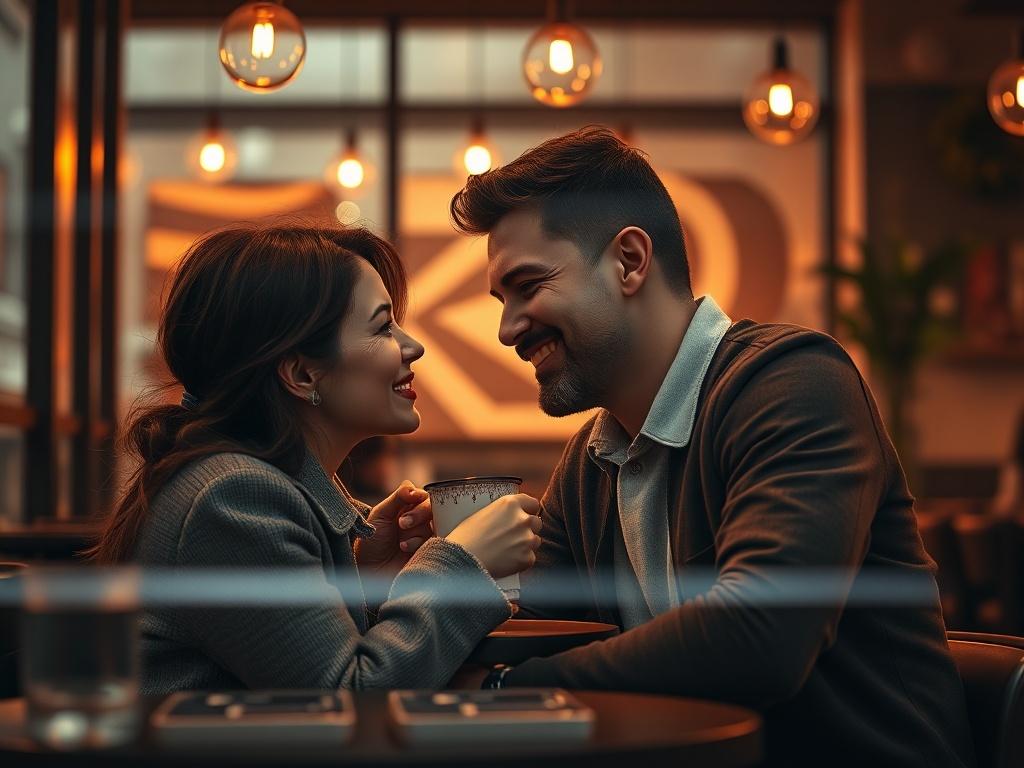 A high-resolution image of a couple sharing an intimate moment in a café, surrounded by warm lighting, capturing genuine emotions and connection.
