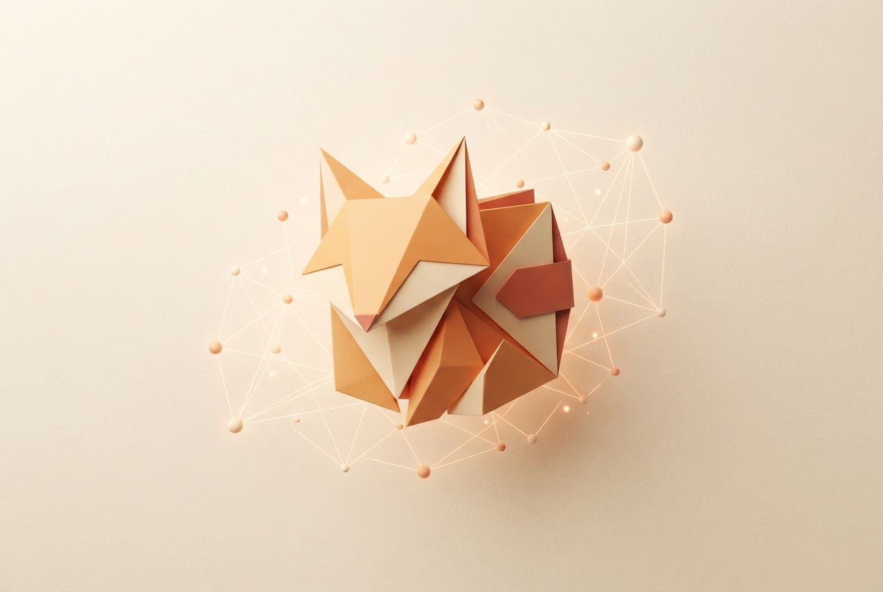 Abstract orange fox-inspired wallet illustration surrounded by connected nodes
