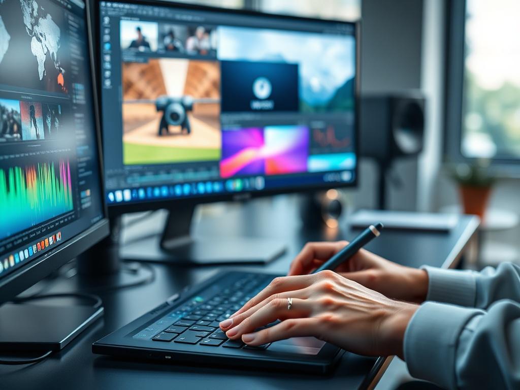 A hyper-realistic close-up shot of a creative professional working on multimedia design and motion graphics using a high-end computer with multiple screens displaying graphic design and video editing software. The scene is well-lit with a modern workspace background, focusing on the hands interacting with a stylus pen and a graphic tablet. The color palette prominently features rgb(85, 141, 151), creating a harmonious blend with the technology and workspace elements. Shot with a 45mm f/1.2 lens style, empha