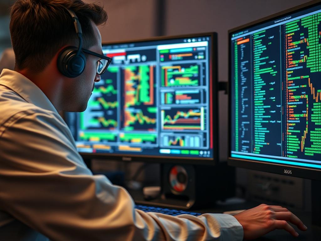 A hyper-realistic close-up photo of a cloud infrastructure engineer monitoring encrypted data flows on a dual-monitor setup, shot with a 45mm f/1.2 lens, with a soft rgb(85,141,151) colored background.