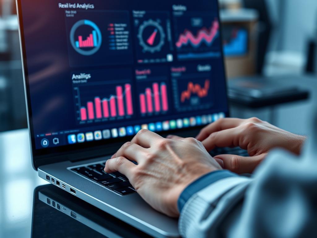 A close-up, hyper-realistic photo of a software engineer's hands typing on a sleek laptop keyboard with retail analytics dashboards displayed on the screen, captured with a 45mm f/1.2 lens, background softly blurred in rgb(85,141,151) tones.