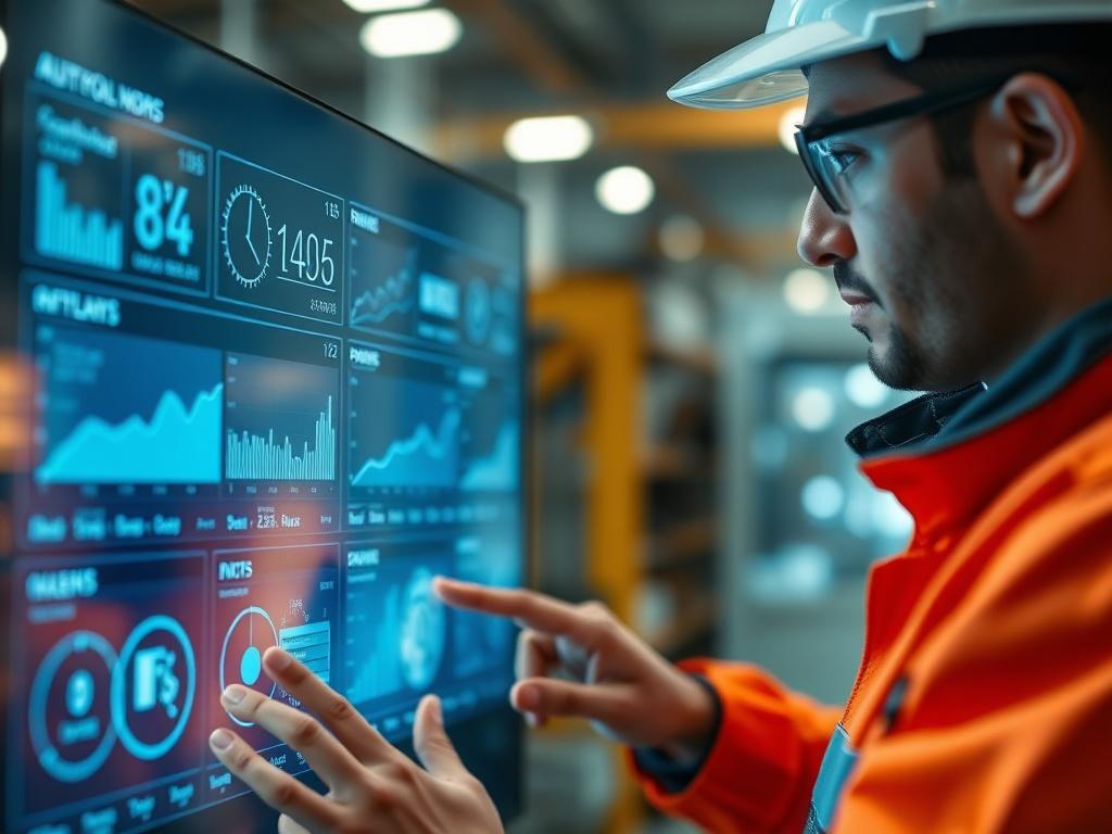 A hyper-realistic close-up image of a manufacturing engineer interacting with a touchscreen displaying AI-driven production analytics, captured with a 45mm f/1.2 lens, featuring a subtle rgb(85,141,151) background.