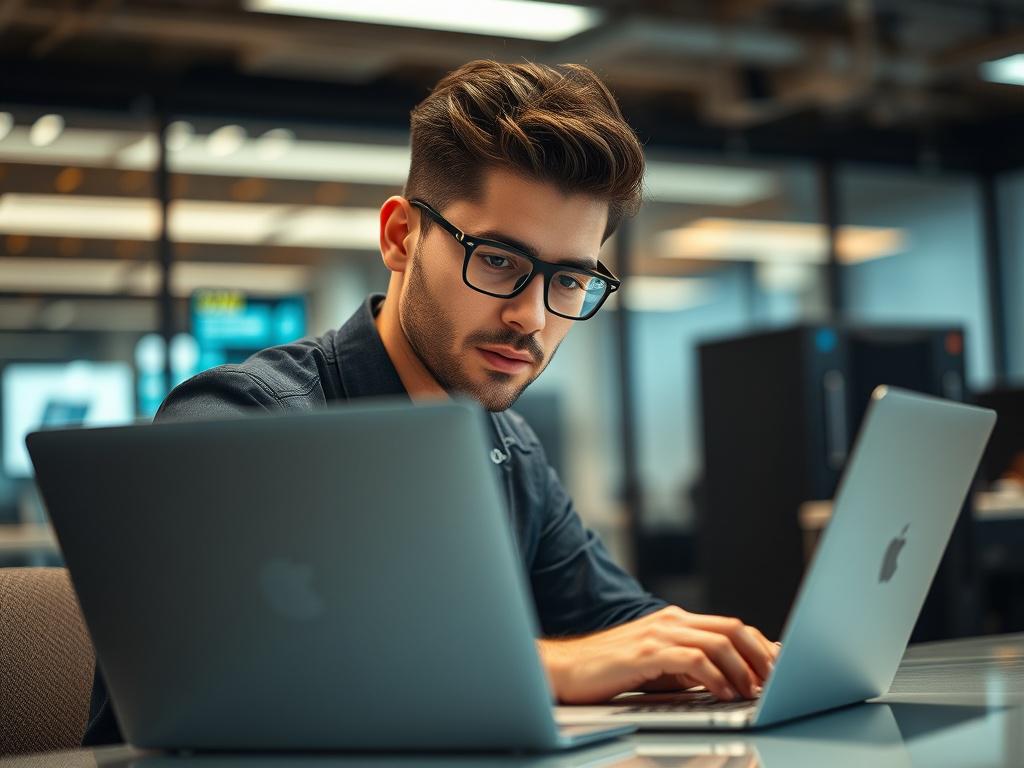 A hyper realistic close up shot of a focused IT