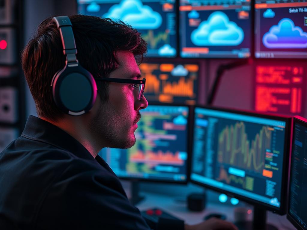 A close up image of a cloud engineer monitoring cloud