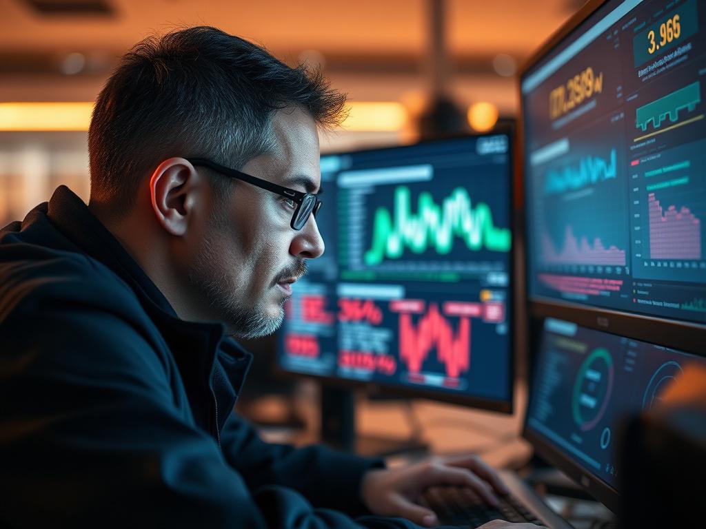 A close up shot of a cybersecurity analyst working intensely