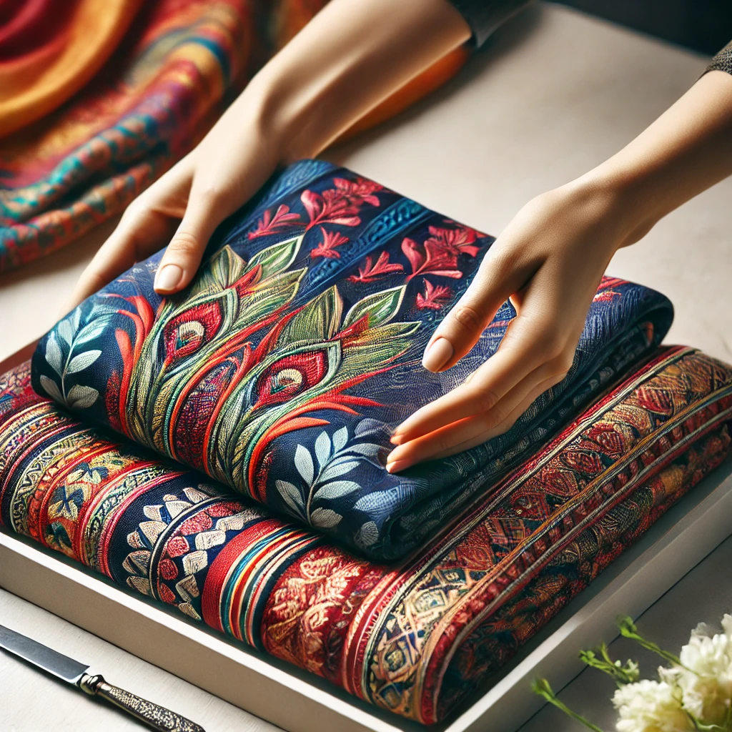 dall·e 2024-08-25 19.44.27 - an elegant image showcasing saree folding services. the image features a neatly folded saree with vibrant colors and intricate patterns. hands are gen.webp