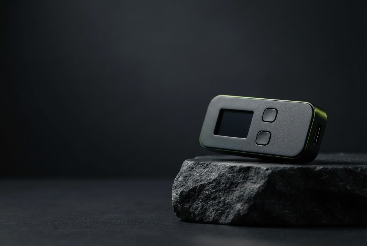 Hardware wallet device in a dark, softly lit studio setting