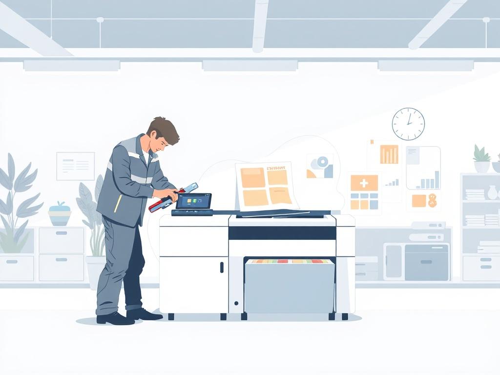 A certified engineer installing a digital printer in a modern workspace. The engineer is focused, using tools to set up the machine. The printer is sleek and high-tech, with colorful prints in the background. The environment is clean and well-lit, conveying professionalism and efficiency.