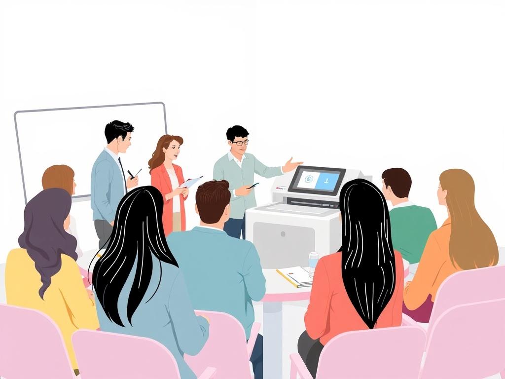 A training session in progress with a diverse group of participants learning about digital printing machines. An instructor demonstrates on a machine, while attendees engage and take notes. The setting is bright and professional, showcasing a modern training facility.