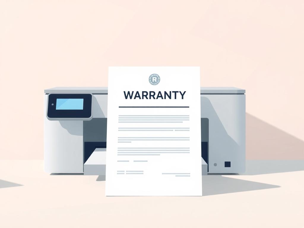A close-up of a warranty document with a digital printer in the background. The document is clearly visible, emphasizing the importance of warranty support. The printer looks advanced, symbolizing reliability and quality. The atmosphere is professional and reassuring.