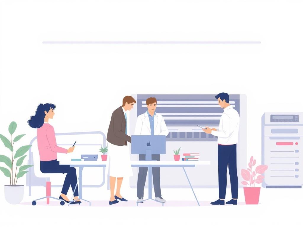 A clean and modern workspace with professionals collaborating, showcasing a vibrant company culture. The setting should be minimalistic, with pastel colors and a focus on teamwork. The background should feature digital printing machinery subtly to connect with the printing industry.