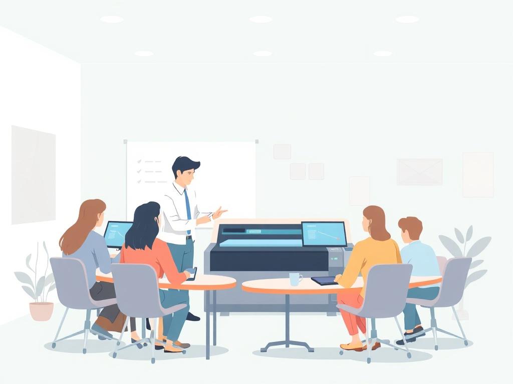 A training session in progress, with participants engaged in learning about digital printing technology. The environment should be interactive, showcasing a trainer demonstrating with a machine. Use soft pastel colors to convey a warm and inviting atmosphere.