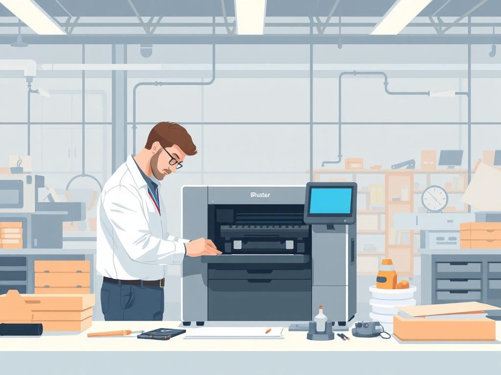 An engineer meticulously installing a digital printer in a modern factory setting. The image should be focused on the engineer's expertise, with tools and machinery in the background. Utilize pastel colors to maintain a clean and professional look.