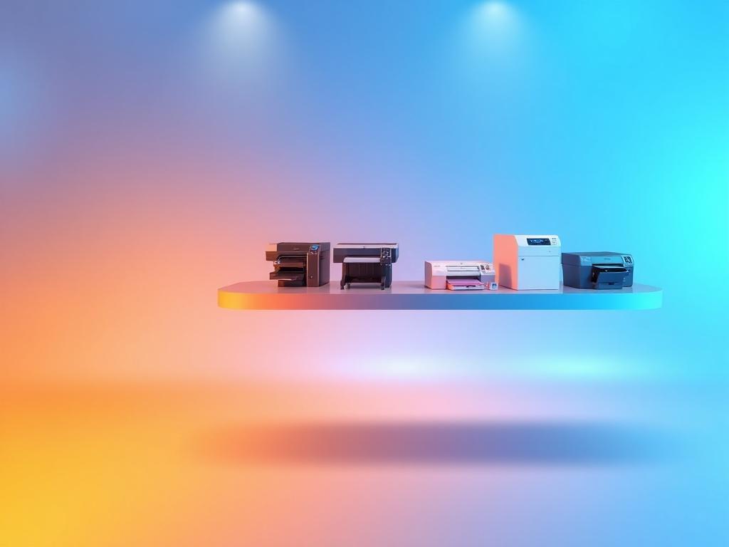 A captivating 3D full-screen animated metallic gradient background featuring shades of blue and orange, with a sleek and modern design. The foreground showcases a floating 3D product display featuring various digital printing machines, such as Eco Solvent Printers, Sublimation Printers, and UV Printers. The layout is responsive, with a fixed navigation bar at the top supporting both English and Bengali languages. The scene includes parallax lighting effects and smooth floating animations, creating an engaging and dynamic atmosphere for visitors. The overall aesthetic should reflect professionalism and innovation, using the brand colors and suitable fonts like Poppins or Montserrat.